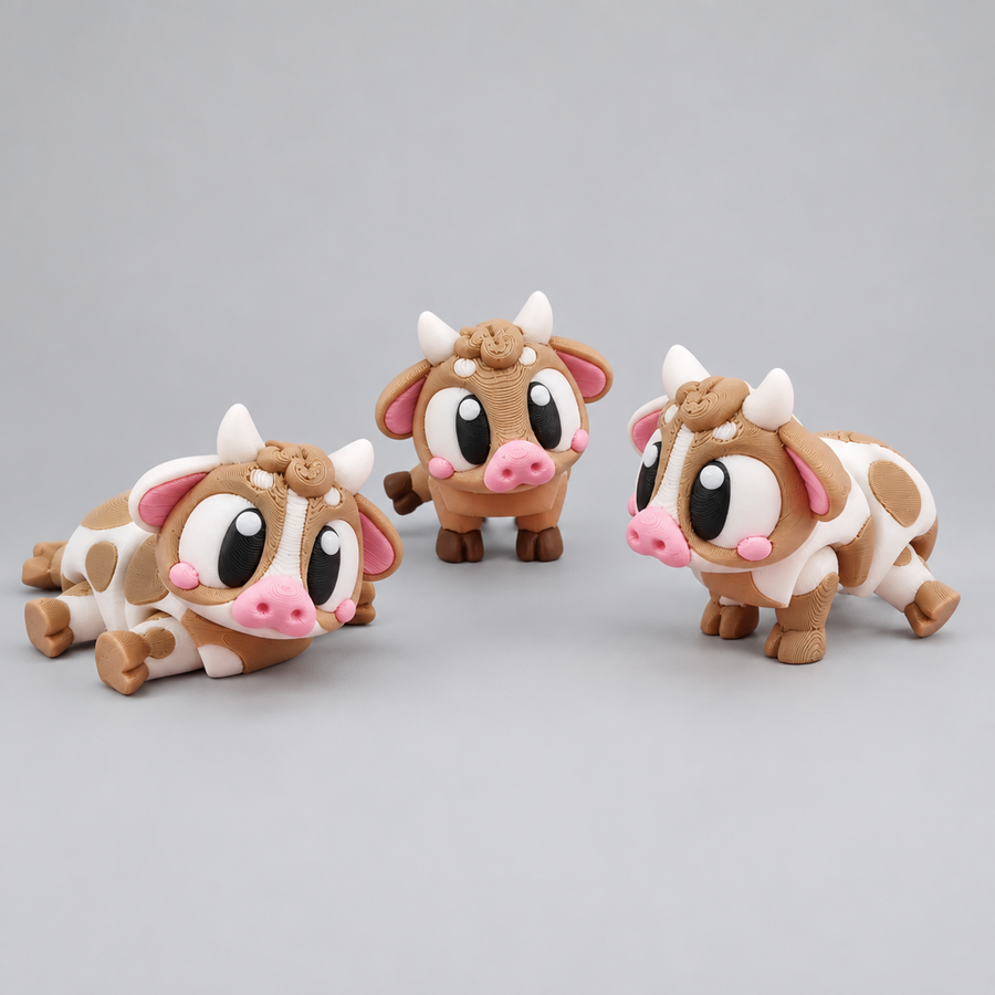 Cute Cow – 3 Kuh-Figuren in verschiedenen Posen auf rosa Hintergrund